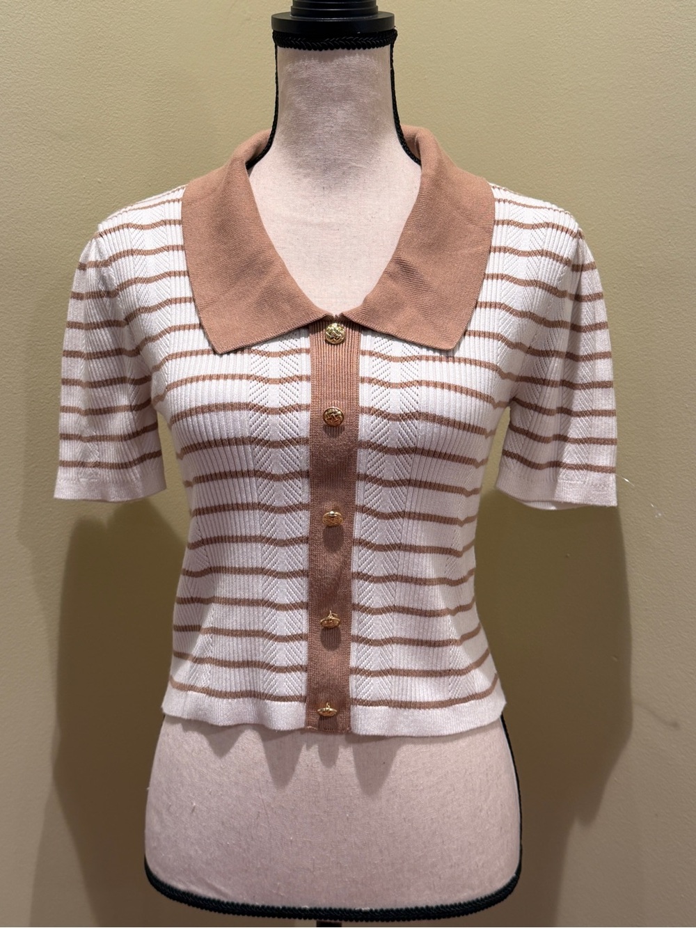 NVLT Women’s Short Sleeve Striped Polo Cardigan Medium